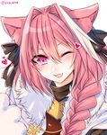  animal_ears astolfo_(fate) blush braid cat_ears catboy fang fate/apocrypha fate_(series) hair_over_shoulder hair_ribbon long_hair looking_at_viewer male_focus one_eye_closed open_mouth otoko_no_ko pink_hair purple_eyes ribbon shisei_(kyuushoku_banchou) single_braid smile solo twitter_username 