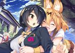  animal_ears bra cleavage crested_ibis emperor_penguin jie_laite kemono_friends open_shirt seifuku serval 