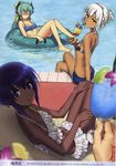 absurdres altera_(fate) bare_legs bare_shoulders barefoot bikini blue_eyes blue_hair blurry bow breasts command_spell crossed_legs cutoffs dark_skin depth_of_field eyebrows_visible_through_hair fate/grand_order fate_(series) food frilled_bikini frills from_behind fruit green_hair hair_bow hair_up hairband halterneck hassan_of_serenity_(fate) highres horns ikezawa_shin innertube kiyohime_(fate/grand_order) lemon lime_(fruit) long_hair looking_back mouth_hold multiple_girls nail_polish navel non-web_source o_o outdoors ponytail poolside reclining red_eyes scan short_hair short_shorts shorts sitting small_breasts soaking_feet swimsuit tattoo translation_request water white_bikini white_hair yellow_eyes 