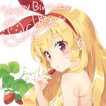  aikatsu! aikatsu!_(series) blonde_hair blush character_name commentary_request flower food from_side fruit hair_censor hair_over_breasts hair_ribbon hairband happy_birthday holding holding_food holding_fruit hoshimiya_ichigo jpeg_artifacts leaf long_hair looking_to_the_side nude object_namesake peko red_eyes red_ribbon ribbon solo strawberry upper_body 