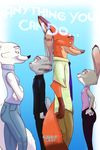  2017 akiric anthro arctic_fox canine clothed clothing comic cover crossed_arms disney english_text eye_contact female fox group hand_on_hid jack_savage judy_hopps lagomorph male mammal necktie nick_wilde rabbit side_view skye_(zootopia) smile text zootopia 