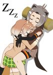  american_beaver_(kemono_friends) animal_ears antenna_hair beaver_ears between_breasts bike_shorts black-tailed_prairie_dog_(kemono_friends) breast_smother breasts closed_eyes commentary elbow_gloves gloves gradient_hair grey_hair happy hug kemono_friends kou_oishi light_brown_hair log multicolored_hair multiple_girls pleated_skirt prairie_dog_ears prairie_dog_tail school_uniform simple_background skirt sleeping smile tail white_background yuri zzz 