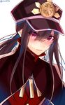  androgynous black_hair cape crying crying_with_eyes_open fate/grand_order fate_(series) hair_between_eyes hat highres long_hair looking_at_viewer male_focus military military_uniform oda_nobukatsu_(fate/grand_order) red_eyes shisei_(kyuushoku_banchou) solo tears twitter_username uniform 