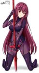  armor blush bodysuit breasts covered_navel dated fate/grand_order fate_(series) gae_bolg holding holding_weapon kneeling large_breasts long_hair looking_at_viewer parted_lips polearm ppshex purple_bodysuit purple_hair red_eyes scathach_(fate)_(all) scathach_(fate/grand_order) signature solo spear veil very_long_hair weapon 