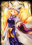  bangs breasts commentary_request cowboy_shot dress foreshortening fox_tail hat highres large_breasts long_sleeves multiple_tails orange_hair pillow_hat pom_pom_(clothes) reaching_out shinyafuru short_hair solo tabard tail tassel touhou white_dress wide_sleeves yakumo_ran yellow_eyes 