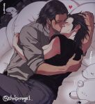  2boys absurdres angeal_hewley arm_around_back arm_around_neck black_hair black_shirt blush collarbone crisis_core_final_fantasy_vii final_fantasy final_fantasy_vii grey_shirt hand_in_another&#039;s_hair highres hug kiss male_focus medium_hair multiple_boys pale_skin shakunage1 shirt stuffed_animal stuffed_toy t-shirt tan teddy_bear theater_seating twintails upper_body yaoi zack_fair 