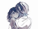  2girls ahoge aqua_hair asakura_toru black_hair brown_hair colored_tips commentary_request fukumaru_koito hand_on_another&#039;s_cheek hand_on_another&#039;s_face highres idolmaster idolmaster_shiny_colors kani_(kaniya) long_hair looking_at_another monochrome multicolored_hair multiple_girls short_hair twintails upper_body white_background yuri 