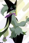  1girl absurdres artist_name ass black_choker body_fur choker claws closed_mouth commentary english_commentary from_behind furry furry_female green_fur highres looking_at_viewer meowscarada otokakoto pokemon pokemon_(creature) purple_eyes red_eyes solo standing tail 