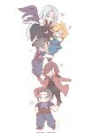  &gt;_&lt; 5boys angeal_hewley armor black_coat black_gloves black_hair black_pants black_wings blonde_hair blue_pants blue_shirt blush boots brown_boots brown_gloves brown_hair chest_strap chibi chibi_only closed_eyes cloud_strife coat crisis_core_final_fantasy_vii facial_hair final_fantasy final_fantasy_vii genesis_rhapsodos gloves green_eyes green_scarf grey_hair hair_between_eyes hand_on_own_hip highres holding_hands kazuha61 light_smile long_hair male_focus multiple_boys pants parted_bangs pauldrons red_coat red_gloves scarf sephiroth sharp_teeth shinra_infantry_uniform shirt short_hair shoulder_armor single_wing suspenders swept_bangs teeth trembling wavy_mouth white_background wings zack_fair 
