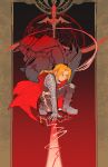  2boys ahoge alphonse_elric armor black_pants black_shirt braid brothers coat edward_elric frown full_armor full_body fullmetal_alchemist furrowed_brow highres knee_pads long_hair male_focus mechanical_arms multiple_boys on_one_knee pants parted_bangs red_coat shirt shoulder_spikes siblings single_braid single_mechanical_arm spikes wantamushroom 