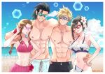  2boys 2girls abs aerith_gainsborough aerith_gainsborough_(pink_mermaid) arm_around_shoulder bare_shoulders beach bikini bikini_skirt birthday black_hair black_swim_trunks blonde_hair blue-framed_eyewear blue-tinted_eyewear blue_eyes blue_sky braid braided_ponytail breasts brown_hair cleavage cloud cloud_strife cloud_strife_(wild_surf) cloudy_sky commentary_request final_fantasy final_fantasy_vii final_fantasy_vii_ever_crisis final_fantasy_vii_rebirth final_fantasy_vii_remake flower frilled_bikini frills grin groin hair_flower hair_ornament hair_up halterneck hand_on_another&#039;s_hip hand_on_another&#039;s_shoulder hand_on_another&#039;s_waist hand_on_own_hip highres large_breasts long_hair looking_at_viewer male_swimwear medium_breasts multiple_boys multiple_girls navel ocean official_alternate_costume parted_bangs pectorals pink-tinted_eyewear pink_bikini ponytail rain1217love red-tinted_eyewear sand short_hair sky smile spiked_hair stomach sunglasses swim_trunks swimsuit tifa_lockhart tifa_lockhart_(shining_spirit) tinted_eyewear toned toned_male upper_body white_bikini white_swim_trunks zack_fair zack_fair_(surfer_look) 