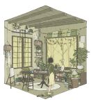  1girl analog_clock apron bird bob_cut bowl ceiling ceiling_light chair clock commentary_request cup diorama dress easel forest from_behind glass_bowl green_theme hanging_light highres indoors lamp long_sleeves ma_(mamamauuuuu) monochrome mug nature no_shoes open_window original plant plate potted_plant shelf short_hair slice_of_life socks solo sweater sweater_dress table tree vines walking wide_shot window wooden_chair wooden_floor wooden_table 