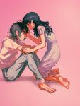  2girls ahoge aqua_hair asakura_toru barefoot black_hair closed_eyes colored_tips commentary_request denim dress fukumaru_koito hair_down highres idolmaster idolmaster_shiny_colors jeans kani_(kaniya) kneeling long_dress long_hair multicolored_hair multiple_girls pants pink_background shirt short_hair short_sleeves sitting white_dress white_shirt 