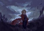 1boy ahoge black_jacket black_pants black_shirt blonde_hair braid brown_eyes cloud cloudy_sky coat edward_elric fullmetal_alchemist gloves highres jacket long_hair looking_at_viewer male_focus military_uniform open_mouth outstretched_hand pants parted_bangs red_coat shirt single_braid sky solo wantamushroom white_gloves 