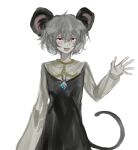  1girl animal_ears chinese_commentary commentary_request cookie_(touhou) dress grey_dress grey_hair hand_up highres jewelry long_sleeves mouse_ears mouse_girl mouse_tail nazrin necklace nyon_(cookie) open_mouth pendant red_eyes shirt short_hair simple_background sleeveless sleeveless_shirt smile solo tail touhou upper_body upturned_eyes white_background white_shirt xbsx 