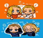 ! 1boy 1girl 2005 2025 animification arrow_(symbol) black_gloves blonde_hair blue_bodysuit blue_eyes bodysuit brother_and_sister brown_hair chibi chibi_only clenched_hand closed_mouth covering_own_ears fantastic_four gloves half-closed_eyes hands_up highres johnny_storm lightning_bolt_symbol long_hair long_sleeves looking_afar looking_at_another marvel marvel_cinematic_universe multiple_views musical_note number_print one_eye_closed open_mouth orange_background pointing pointing_at_another red_sweater shirt short_hair short_sleeves siblings speech_bubble spoken_exclamation_mark spoken_musical_note star_(symbol) sue_storm superhero_costume sweater t-shirt the_fantastic_four:_first_steps tongue tongue_out ummmm0657 upper_body v-shaped_eyebrows watch wavy_hair white_shirt wristwatch 
