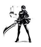  2b_(nier:automata) 2b_(nier:automata)_(cosplay) absurdres black_boots black_dress black_gloves black_hair blindfold boots buster_sword cleavage_cutout clothing_cutout cosplay crisis_core_final_fantasy_vii crossdressing crossdressing_(mtf) dress final_fantasy final_fantasy_vii full_body gloves greyscale high_heel_boots high_heels highres holding holding_weapon juliet_sleeves long_sleeves monochrome parted_bangs pectorals pod_(nier:automata) puffy_sleeves robot shakunage1 short_hair standing thigh_boots twitter_username weapon zack_fair 
