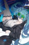  1girl :/ absurdres black_coat black_thighhighs blue_eyes blue_hair closed_mouth coat commentary cross cross_necklace crossed_bangs darr1o dress eyewear_on_head feet_out_of_frame garter_belt green-tinted_eyewear grey_dress hair_between_eyes hair_ornament hatsune_miku highres jewelry leg_up long_hair long_sleeves looking_at_viewer necklace open_clothes open_coat reclining solo strapless strapless_dress sunglasses thighhighs tinted_eyewear tube_dress twintails very_long_hair vinyl_record vocaloid 