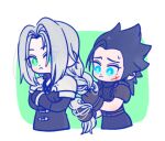  105zz 2boys aqua_eyes armor belt black_coat black_hair braiding_another&#039;s_hair brown_belt chest_strap chibi chibi_only coat crisis_core_final_fantasy_vii cross_scar final_fantasy final_fantasy_vii green_background green_eyes grey_hair hair_slicked_back hand_in_another&#039;s_hair long_hair lowres male_focus multiple_belts multiple_boys parted_bangs pauldrons scar scar_on_cheek scar_on_face sephiroth shoulder_armor sideburns sleeveless sleeveless_turtleneck slit_pupils suspenders sweatdrop turtleneck upper_body zack_fair 
