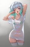  1girl absurdres arm_behind_head arm_up artist_name blue_eyes bra_visible_through_clothes breasts clothes_writing commentary contrapposto curvy english_commentary english_text ghost_girl gradient_background gradient_hair green_hair grey_background grey_hair hair_intakes highres indie_virtual_youtuber looking_at_viewer mint_fantome mint_fantome_(minto_2.0) multicolored_hair one_eye_closed open_mouth panties_visible_through_clothes revision rukunikun see-through_silhouette short_hair short_sleeves simple_background skindentation small_breasts solo teeth thighhighs thighs upper_teeth_only virtual_youtuber white_thighhighs yawning 