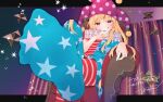 1girl akagashi_hagane american_flag american_flag_pants american_flag_print american_flag_shirt black_border blonde_hair blush border chair closed_mouth clownpiece commentary_request commission fingernails flag_print gradient_background hair_between_eyes hand_up hat jester_cap long_fingernails long_hair looking_at_viewer neck_ruff no_shoes outside_border pants pantyhose pink_eyes pink_hat polka_dot print_pants print_shirt purple_background purple_eyes purple_hat sharp_teeth shirt short_sleeves sitting skeb_commission smile solo star_(symbol) star_in_eye star_print striped_clothes striped_pants striped_shirt symbol_in_eye teeth touhou 