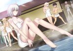  1boy 6+girls absurdres ahoge bare_shoulders barefoot black_hair blush breasts cleavage fujimaru_ritsuka_(male) grey_hair highres jeanne_d&#039;arc_alter_(fate) large_breasts long_hair longdq3008 looking_at_viewer multiple_girls naked_towel onsen shared_bathing short_hair soaking_feet towel water yellow_eyes 