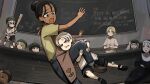  6+girls aged_down angry apron baseball_bat bird black_eyes black_hair black_shoes black_shorts blonde_hair blue_pants brown_shoes bunny_nun_(diva) chalkboard chicken dark_skin diva_(hyxpk) english_commentary eyelashes green_shirt grey_hair hair_bun helmet highres little_nuns_(diva) mole mole_under_mouth multiple_girls nail_(hardware) nail_bat nun pants parted_grey_nun_(diva) pink_apron shirt shoes short_hair shorts smug_nun_(diva) stuffed_animal stuffed_rabbit stuffed_toy traditional_nun white_shirt 