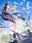  1girl absurdres bird black_boots blue_sky boots clothing_cutout dress floating_hair full_body hair_ornament high_heel_boots high_heels highres holding holding_instrument holding_violin honkai:_star_rail honkai_(series) hysilens_(honkai:_star_rail) instrument long_hair long_sleeves looking_to_the_side multicolored_hair music official_art outdoors parted_lips playing_instrument purple_hair second-party_source sky smile standing very_long_hair violin white_bird white_dress ye_xing_caomei 