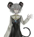  1girl animal_ears chinese_commentary commentary_request cookie_(touhou) dress grey_dress grey_hair hand_up highres jewelry long_sleeves mouse_ears mouse_girl mouse_tail nazrin necklace nyon_(cookie) open_mouth pendant red_eyes shirt short_hair simple_background sleeveless sleeveless_shirt smile solo tail touhou transparent_background upper_body upturned_eyes white_shirt xbsx 