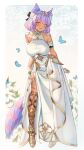  1girl animal_ear_fluff armor armpit_crease black_ribbon blue_eyes blush breasts bug butterfly cat_tail closed_mouth colored_tips commission dark-skinned_female dark_skin dress eyebrows_hidden_by_hair facial_mark final_fantasy final_fantasy_xiv flower full_body greaves hair_ribbon highres large_breasts lialee lipstick looking_at_viewer makeup miqo&#039;te multicolored_hair purple_hair ribbon short_hair slit_pupils smile solo tail vgen_commission warrior_of_light_(ff14) white_dress 