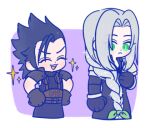  105zz 2boys armor belt black_coat black_hair braid brown_belt chest_strap chibi chibi_only closed_eyes coat crisis_core_final_fantasy_vii final_fantasy final_fantasy_vii green_eyes green_ribbon grey_hair hair_over_shoulder hair_ribbon hair_slicked_back hands_on_own_hips long_hair lowres male_focus multiple_belts multiple_boys open_mouth parted_bangs pauldrons purple_background ribbon sephiroth shoulder_armor sideburns sleeveless sleeveless_turtleneck slit_pupils smile sparkle suspenders turtleneck upper_body zack_fair 