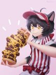  1girl :3 ahoge animal_ear_fluff animal_ears artist_name belt black_hair body_fur burger cat_ears cat_girl cheese collared_shirt commentary dated_commentary dungeon_meshi english_commentary food grin hat highres holding holding_burger holding_food izutsumi kimchunsik looking_at_object messy_hair notice_lines pants parted_lips pink_background red_belt red_hat red_shirt shirt short_hair signature simple_background smile solo standing striped_clothes striped_shirt too_much_burger too_much_food twitter_username twitter_x_logo two-tone_shirt upper_body vertical-striped_clothes vertical-striped_shirt visor_cap white_hat white_pants white_shirt yellow_eyes 