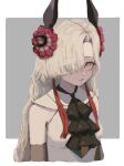  1girl absurdres arms_at_sides ascot bare_shoulders black_ascot blonde_hair blue_eyes breasts closed_mouth colored_sidelocks cropped_torso dress elbow_gloves eyes_visible_through_hair flower forehead gloves grey_background grey_dress hair_flower hair_ornament hair_over_one_eye heterochromia highres impossible_clothes impossible_dress isekaijoucho kamitsubaki_studio light_smile long_hair looking_at_viewer one_eye_covered orange_eyes parted_hair red_flower sidelocks small_breasts solo upper_body velcranel_five virtual_youtuber wavy_hair 