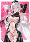  1girl absurdres animal_ears armband armpits arms_behind_head arms_up ass_visible_through_thighs bare_shoulders belt black_horns black_wings blush bodysuit border breasts breasts_apart closed_mouth coat commentary covered_navel cross cross_pasties cross_print demon_girl demon_horns demon_tail demon_wings gradient_horns groin hair_between_eyes hair_intakes hair_tie hair_tie_in_mouth halterneck hat highleg highleg_panties highres horizontal_pupils horns id_card inset_border large_breasts latex latex_bodysuit long_hair long_sleeves looking_at_viewer mouth_hold multicolored_horns navel nurse nurse_cap original oxygen_mask_(oxygenmask233) panties pasties pink_armband pink_background pink_belt pink_eyes see-through_bodysuit see-through_clothes sleeveless sleeveless_bodysuit smile solo sparkle syringe tail thigh_strap underwear very_long_hair white_border white_coat white_hair white_trim wings 