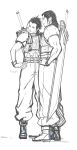  2boys absurdres angeal_hewley armor baggy_pants beard belt black_hair boots buster_sword chinstrap_beard crisis_core_final_fantasy_vii cross_scar facial_hair final_fantasy final_fantasy_vii full_body greyscale hands_on_own_hips highres male_focus medium_hair monochrome multiple_belts multiple_boys pants pauldrons scar scar_on_cheek scar_on_face shakunage1 shoulder_armor sideburns sketch sleeveless sleeveless_turtleneck turtleneck weapon weapon_on_back white_background zack_fair 