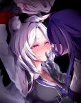  3girls acheron_(honkai:_star_rail) animal_ear_fluff animal_ears black_vest blush collared_shirt commentary dual_persona english_commentary finger_to_another's_mouth fox_ears fox_girl half-closed_eyes highres honkai:_star_rail honkai_(series) iris_(samlatte) long_hair looking_at_another multicolored_hair multiple_girls necktie nyeppu oc_x_canon original parted_lips purple_eyes purple_hair purple_necktie shirt streaked_hair trembling upper_body vest white_hair white_shirt yuri 