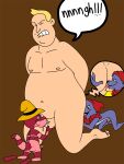 4_toes anthro backsack balls belly bent_down bent_legs big_belly big_butt biped black_nose blonde_hair bodily_fluids brown_background butt butt_lick canid canine canis cheek_tuft chin_tuft clenched_teeth clothing colored coyote crouching cum cum_in_mouth cum_inside curling_tail digital_drawing_(artwork) digital_media_(artwork) doc_croc_(simsala_grimm) ejaculation erection eyes_closed eyewear facial_tuft featureless_feet feet fool's_hat fur genital_fluids genitals glasses grass group grunting hair hat headgear headwear hi_res human humanoid_genitalia humanoid_penis janemj licking looking_pleasured male male/male mammal multicolored_body multicolored_fur navel nipples nude nude_human open_mouth outside overweight overweight_human overweight_male paws pecs penis pink_body pink_scales plant purple_body purple_fur rear_view red_body red_clothing red_hat red_headwear red_scales reptile scales scalie scrunchy_face simple_background simsala_grimm speech_bubble striped_body striped_scales stripes tail tailless teeth the_emperor's_new_clothes thick_tail toes tongue tongue_out trio tuft two_tone_body two_tone_fur white_sclera yellow_clothing yellow_hat yellow_headwear yoyo_(simsala_grimm)