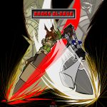 absurd_res anthro armor axe beard bottomwear brown_hair canid canine canis clothing denim denim_bottomwear denim_clothing dobermann dog_knight_rpg domestic_dog duo facial_hair female fingerless_gloves gloves green_clothing grey_clothing hair handwear hi_res hoodie human jason_sutherland jeans kreiser_vii looking_at_viewer male mammal mustache pants pattern_clothing pattern_hoodie pattern_topwear pinscher rory_(ceehaz) sparks striped_clothing striped_hoodie striped_topwear stripes text topwear