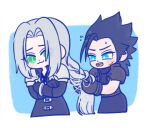  105zz 2boys :3 aqua_eyes armor belt black_coat black_hair blue_background braiding_another&#039;s_hair brown_belt chest_strap chibi chibi_only coat crisis_core_final_fantasy_vii cross_scar final_fantasy final_fantasy_vii furrowed_brow green_eyes grey_hair hair_slicked_back hand_in_another&#039;s_hair long_hair lowres male_focus multiple_belts multiple_boys parted_bangs pauldrons scar scar_on_cheek scar_on_face sephiroth shoulder_armor sideburns sleeveless sleeveless_turtleneck slit_pupils suspenders sweatdrop turtleneck upper_body wavy_mouth zack_fair 