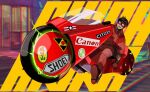  1boy akira_(manga) black_hair canon_(company) chromatic_aberration full_body gloves goggles hassy_0225 highres jacket kaneda_shoutarou&#039;s_bike kaneda_shoutarou_(akira) leather leather_jacket looking_at_viewer male_focus motor_vehicle motorcycle open_mouth pants red_gloves red_jacket red_pants riding short_hair solo 