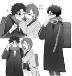  &gt;_&lt; 1boy 1girl absurdres adjusting_eyewear ayase_momo backpack bag blush closed_eyes couple crossed_bangs dandadan ddnokmm glasses greyscale hair_between_eyes hand_on_another&#039;s_cheek hand_on_another&#039;s_face hetero highres holding_another&#039;s_arm medium_hair monochrome multiple_views one_eye_closed open_mouth parted_bangs round_eyewear scarf short_hair smile sweatdrop takakura_ken_(dandadan) upper_body white_background winter_clothes 