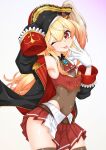  1girl :p absurdres arrow_through_heart ascot belt bicorne black_coat black_hat blonde_hair blue_gemstone blush brown_belt brown_leotard brown_thighhighs coat commentary_request covered_navel cropped_jacket floating_hair gem gloves gradient_background hair_between_eyes hands_up hat highleg highleg_leotard highres hololive hololive_dev_is houshou_marine houshou_marine_(1st_costume) jacket leotard leotard_under_clothes long_hair long_sleeves looking_at_viewer nyang-kaz one_side_up open_clothes open_coat otonose_kanade pirate_hat pleated_skirt red_ascot red_eyes red_jacket red_skirt skirt sleeveless sleeveless_jacket sleeves_past_fingers sleeves_past_wrists solo thighhighs tongue tongue_out two-tone_skirt virtual_youtuber white_gloves white_skirt 