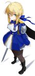  1girl ahoge aqua_hair artoria_pendragon_(fate) black_boots black_pantyhose blonde_hair blue_dress boots breasts cleavage dress fate/grand_order fate/stay_night fate_(series) from_above full_body highres holding holding_sword holding_weapon looking_at_viewer ma_ple pantyhose saber_(fate) shoulder_pads solo standing sword weapon 