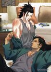  2boys absurdres angeal_hewley bare_shoulders beard black_hair blush bottle chinstrap_beard collarbone couch crisis_core_final_fantasy_vii cup drinking_glass facial_hair final_fantasy final_fantasy_vii green_jacket grey_shirt grey_tank_top hair_slicked_back hand_on_another&#039;s_head highres indoors jacket jacket_partially_removed lap_pillow looking_at_another male_focus medium_hair multiple_boys muscular muscular_male on_floor pale_skin parted_lips pectorals pillow shakunage1 shirt tan tank_top twitter_username wine_bottle wine_glass yaoi zack_fair 