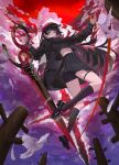  1girl absurdres bird black_hair black_jacket black_shirt black_shoes black_shorts black_skirt breasts chisa_(wuthering_waves) commentary crop_top full_body highres holding holding_sword holding_weapon jacket loafers long_hair long_sleeves looking_at_viewer medium_breasts midair nick_laojiao red_eyes shirt shoes short_shorts shorts skirt solo sword thigh_strap very_long_hair weapon white_bird wuthering_waves 