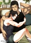  2boys absurdres angeal_hewley arm_behind_head black_hair black_shorts black_tank_top blush crisis_core_final_fantasy_vii final_fantasy final_fantasy_vii grey_pants hanging_plant highres hug looking_at_another male_focus medium_hair multiple_boys muscular muscular_male pale_skin pants parted_bangs picture_frame pillow shakunage1 shorts tan tank_top towel towel_around_neck twitter_username wreath yaoi zack_fair 