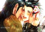  2boys absurdres angeal_hewley armor black_hair blush closed_mouth cosplay crisis_core_final_fantasy_vii epaulettes final_fantasy final_fantasy_vii flower forehead-to-forehead hair_flower hair_ornament half-closed_eyes hand_on_another&#039;s_cheek hand_on_another&#039;s_face heads_together highres jewelry looking_at_another medium_hair military_uniform multiple_boys official_alternate_costume open_mouth pauldrons pink_flower ring sephiroth sephiroth_(ever_crisis) shakunage1 shoulder_armor smile twintails upper_body white_background yaoi zack_fair zack_fair_(cosplay) zack_fair_(guardian_style) zack_fair_(shinra_full_dress_uniform) 