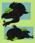 absurd_res all_fours anthro anus ass_out avian balls beak big_butt bird black_body black_eyes black_feathers bob-jiggles butt cigar clothing corvid corvus_(genus) cross-hatching crow duke_(fritz_the_cat) feathers fritz_the_cat genitals hat hatching_(art) headgear headwear hi_res humanoid_genitalia humanoid_penis looking_aside looking_away looking_back lying male nude nude_anthro nude_male on_front oscine passerine pattern_clothing penis presenting presenting_hindquarters shaded simple_background slightly_chubby slightly_chubby_anthro slightly_chubby_male solo striped_clothing stripes suit tail tail_feathers yellow_sclera