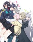  6+girls ahoge animal_ear_fluff animal_ears ayane_(blue_archive) black_gloves black_hair black_socks blue_archive brown_hair cat_ears cat_girl commentary_request cross_hair_ornament dress dual_persona extra_ears fingerless_gloves foreclosure_task_force_(blue_archive) glasses gloves hair_ornament halo hayashi_kewi highres hoshino_(blue_archive) hug hug_from_behind jacket long_sleeves looking_at_another mismatched_pupils multiple_girls nonomi_(blue_archive) open_clothes open_jacket open_mouth pink_hair pointy_ears school_uniform serika_(blue_archive) shiroko_(blue_archive) shiroko_terror_(blue_archive) short_hair simple_background skirt smile socks standing thigh_strap white_background white_socks wolf_ears wolf_girl 