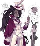  1boy 1girl 2023 :d ? animal_ears animal_hat bare_shoulders black_eyes black_hair black_leotard black_pantyhose black_raisin_cookie black_tail blush breasts buttons cape chain chinese_commentary chinese_text closed_eyes closed_mouth collarbone collared_shirt commentary_request cookie_run cookie_run:_kingdom cowboy_shot crossdressing crossdressing_(ftm) crossdressing_(mtf) dark-skinned_female dark-skinned_male dark_skin detached_sleeves double-breasted eyes_visible_through_hair fake_animal_ears fake_tail fishnet_pantyhose fishnet_sleeves fishnets flying_sweatdrops frilled_cape from_below gloves grin hair_over_one_eye hat high_ponytail highres holding holding_tray humanization jacket lapels leotard licorice_cookie long_hair long_sleeves looking_at_viewer medium_hair neck_ribbon nose_blush one_eye_covered pants pantyhose pink_cape playboy_bunny ponytail purple_hair purple_ribbon rabbit_ears rabbit_hat rabbit_tail raised_inner_eyebrows ribbon shirt simple_background single_bare_arm single_detached_sleeve small_breasts smile solo_focus speech_bubble standing strapless strapless_leotard tail thought_bubble top_hat translation_request tray tuko u_u v_arms very_long_hair white_background white_gloves white_hat white_jacket white_pants white_shirt white_tail 